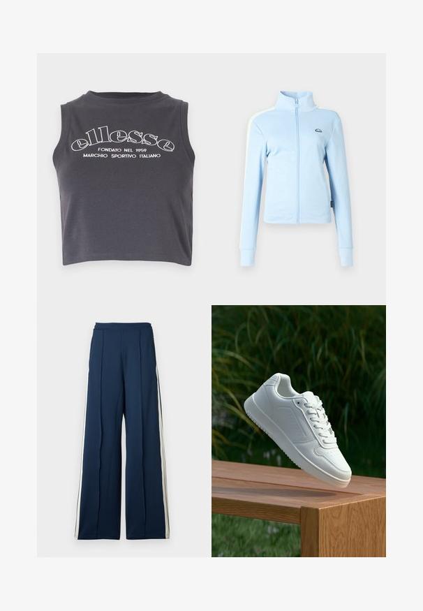 Heledsinine lukuga jakk, millel on seisva kraega kaelus. Omab pikki varrukaid, õlavarre triibusid ja logo vasakul rinnal. Sile tekstuur.; Tumesinine lühike tank top, mis on valmistatud pehmest puuvillast, millel on valge trükitud bränditekst ja ümar kaelus ilma varrukateta.; Tumed jalad tumepunases kangas, mille külgedel on kreemilised triibud. Omab kõrget vöökohta ja volditud detaile, et lisada struktuuri.; Valged sneakerd, millel on sile sünteetiline ülemine osa, väikeste aukudega varvaskast, lamedad paelad ja tekstuuriga tald, eksponeeritud puidust pinnal.