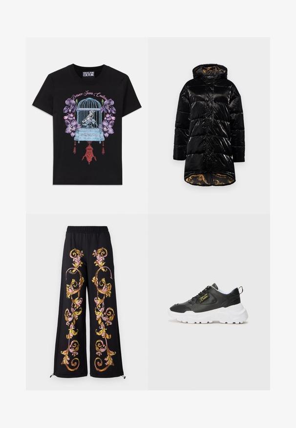 Melna pūkaina jaka ar spīdīgu apdari, ar kapuci, ar rāvējslēdzēja kabatām un rakstainu zelta oderi. Kvadrātveida forma un līdz ceļiem garš dizains.; Melna T-krekls ar krāsainu grafiku, kurā attēlots putnu būris ar putnu, ko ieskauj orhidejas. Dizainā ir sīki izstrādāti elementi un tekstūras.; Melnas plašas bikses ar krāsainiem ziedu izšuvumiem rozā un dzeltenā krāsā sānos. Iekļauts elastīgs jostasvīrs un rāvējslēdzēja akcenti.; Melna ādas sporta apavu ar baltu gumijas zoli, ar mīkstu apkaklīti, ar auklēm priekšpusē un ar zelta logotipa detaļu sānos.