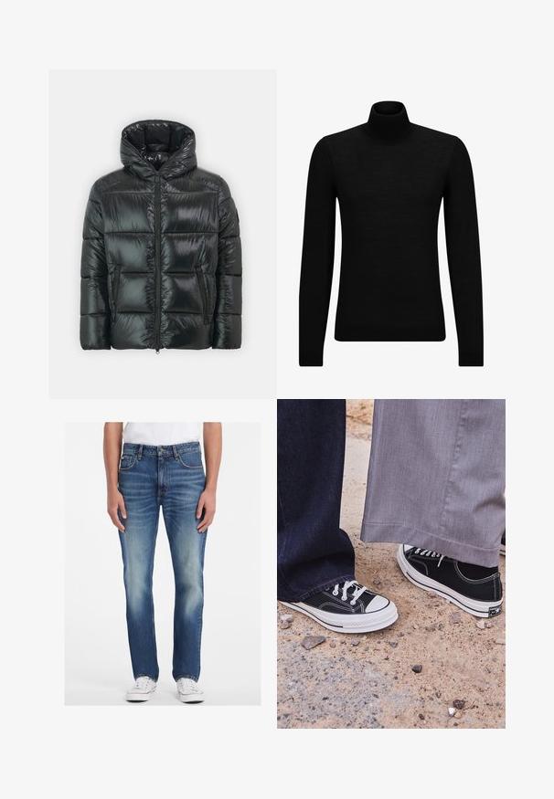 Fekete puffernadrágos kabát fényes, steppelt textúrával, kapucnival és elöl cipzárral. Két oldalsó zsebbel és testhez simuló siluettel rendelkezik.; Fekete garbó pulóver puha anyagból, hosszú ujjakkal és szoros fazonnal. Ribbed díszítés az alján és az ujjak végén. Egyszerű dizájn.; Kék farmernadrág, egyenes szárú dizájnnal, világos mosással, megfakult részletekkel és öt zsebes stílusban. Fehér sportcipővel párosítva.; Fekete vászon tornacipők fehér gumitalppal és fűzőkkel. Az egyik láb sötétkék farmernadrággal, a másik világosszürke nadrággal van párosítva.