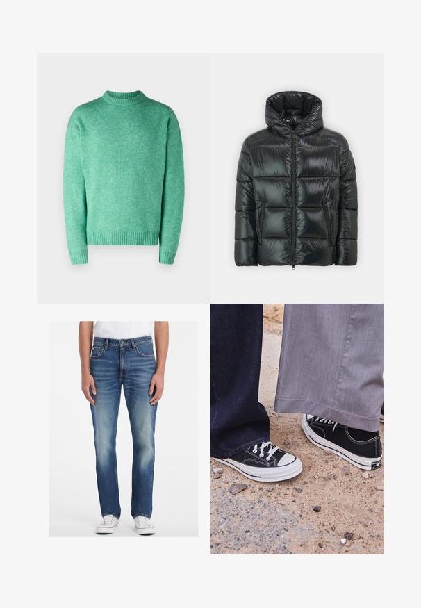 Mustat puhvjakid, millel on särav, tikitud tekstuur, kapuuts ja esine tõmblukk. Omab kahte küljetaskut ja vormitud siluetti.; Jack & Jones JOROLLIE CREW NECK - Džemper - holly green; Sinine denimpüksid sirge sääre disainiga, millel on hele pesu, kulunud aktsendid ja viis taskut. Paaritatud valgete spordijalatsitega.; Mustad mustad kanvasjalatsid valgete kummitaldade ja paeltega. Üks jalapaar on sobitatud tumehallide teksadega, teine heledate hallide pükstega.
