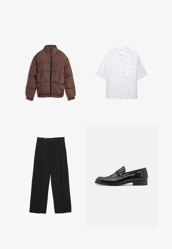 Jachetă puf dintr-un material maro, cu guler înalt, deschidere cu fermoar și elastic la margine. Dispune de două buzunare frontale cu fermoar și un design matlasat. Textură de material neted.; Cămașă albă cu mânecă scurtă, cu închidere butonată în față, guler și un singur buzunar pe piept. Confecționată dintr-un material ușor, cu o textură netedă.; Pantaloni negri cu croi larg, realizati dintr-un material neted, avand o talie plată, pliuri frontale și un buton de închidere.; Loafers din piele lacuită neagră, cu vârf rotund, detaliu decorativ cu cataramă și toc joasă, robustă. Textură netedă și finisaj lustruit.