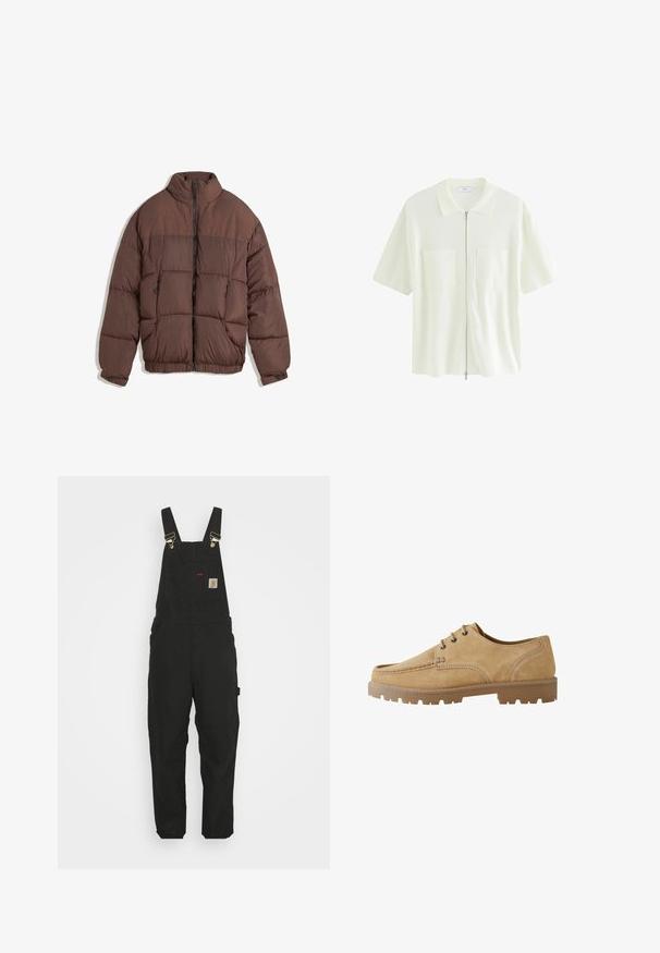 Ruskea puhallusjakku, jossa on korkea kaulus, vetoketjukiinnitys ja elastinen helma. Varustettu kahdella vetoketjupussilla edessä ja vuorikangasta. Sileä kankaan pinta.; Hihaton, valkoinen vetoketjupaita, joka on valmistettu tekstuurista kankaasta. Paidassa on kauluksellinen kaula-aukko ja kaksi etutaskua, joissa on neliönmuotoiset läpät.; Mustat puuvillaiset haalarit, joissa on säädettävät hihnat, etutasku logopatchilla ja kaksi sivutaskua rentoa istuvuutta varten.; Tan suede-lace up kengät, joissa on pyöristetty kärki, kontrastoiva ommel ja paksu kumipohja, jossa on kulutuskuvio pidon varmistamiseksi.