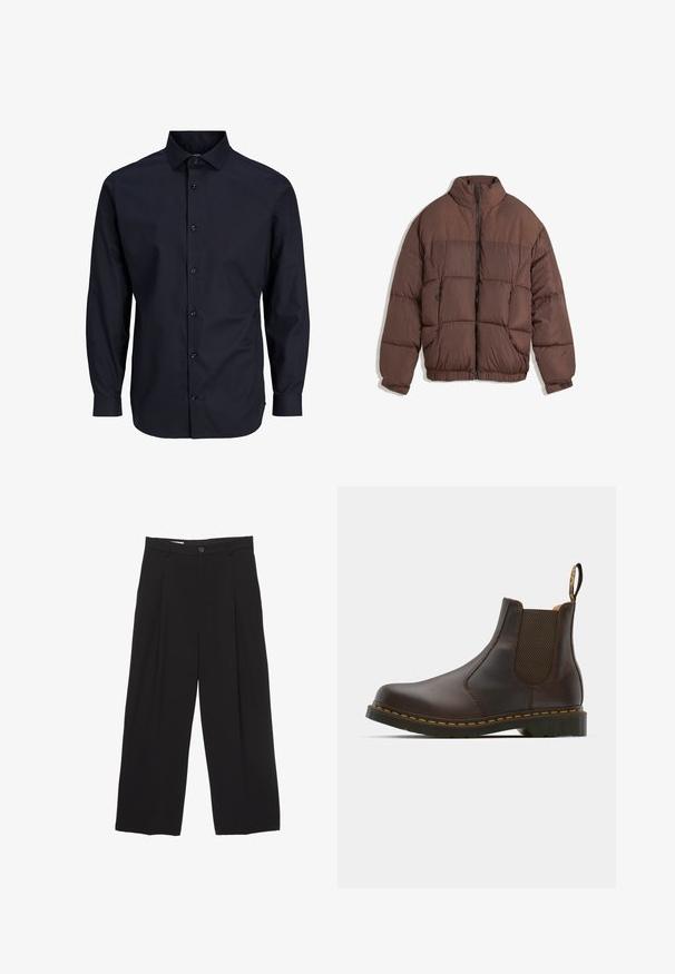 Brązowa kurtka puchowa z wysokim kołnierzem, zapinana na zamek z przodu, z elastycznym dołem. Posiada dwie przednie kieszenie zapinane na zamek oraz pikowany wzór. Gładka tekstura materiału.; Granatowa koszula zapinana na guziki z długimi rękawami, standardowym kołnierzykiem, przodem z zapięciem, gładką fakturą i mankietami na jeden guzik.; Czarne spodnie o szerokich nogawkach, wykonane z gładkiego materiału, z płaskim pasem, plisami z przodu oraz pojedynczym zapięciem na guzik.; Brązowy skórzany botek Chelsea z elastycznymi bocznymi panelami, teksturowanym obcasem i kontrastowym żółtym szwem. Wyposażony w pętelkę ułatwiającą zakładanie.