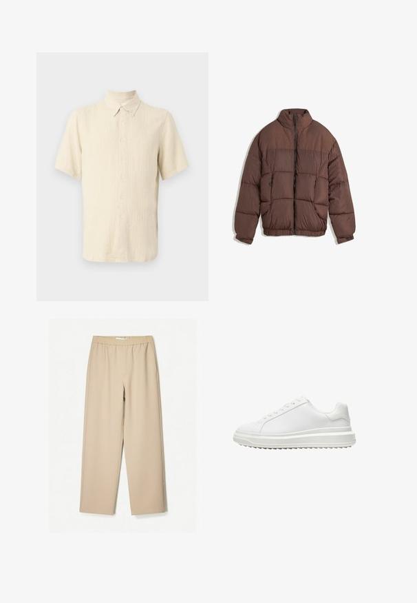 Jachetă puf dintr-un material maro, cu guler înalt, deschidere cu fermoar și elastic la margine. Dispune de două buzunare frontale cu fermoar și un design matlasat. Textură de material neted.; Cămașă scurtă, de culoare bej deschis, dintr-un material texturat, având guler cu nasturi și un model vertical cu dungi, cu nasturi în față.; Pantaloni bej cu croi larg, cu un brêu elastic, confecționați dintr-un material moale, având o textură netedă și detalii de cusătură minime.; Adidași albi cu un upper sintetic neted, vârf rotund, șireturi plate, talpă texturată și un design pe straturi, oferind un plus de înălțime.