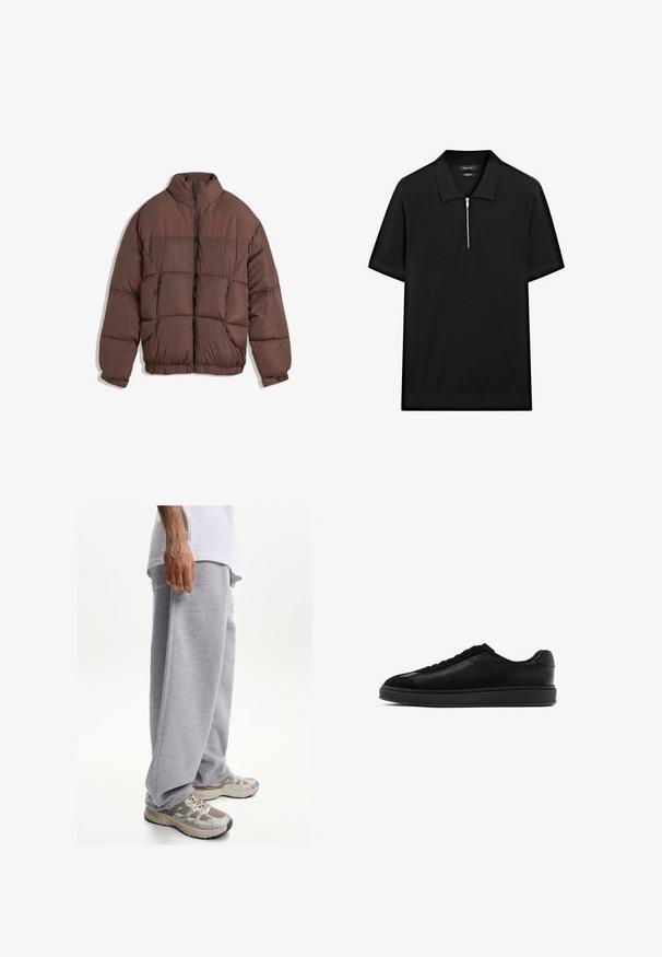 Hnědá prošívaná bunda s vysokým límcem, předním zipem a elastickým lemem. Obsahuje dvě přední zipové kapsy a prošívaný design. Hladká textura látky.; Černé polo tričko s krátkým rukávem, stojatým límečkem a předním zipem. Vyrobeno z hladké tkaniny s čistým, minimalistickým designem.; Šedé tepláky vyrobené z měkkého materiálu, s volným střihem a elastickým páskem. Doplněné o béžové a šedé sportovní tenisky.; Černé kožené tenisky s hladkým povrchem, kulatou špičkou, šněrováním na přední části a kontrastní texturovanou klopnou. Silná černá gumová podrážka.