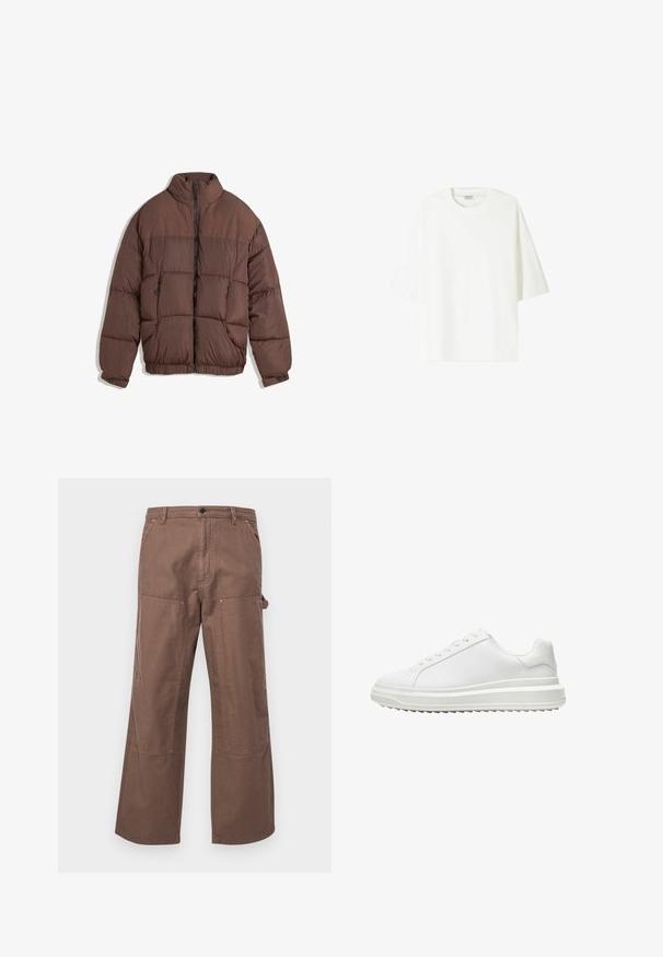 Veste matelassée marron avec un col haut, fermeture éclair à l'avant et ourlet élastique. Dispose de deux poches zippées à l'avant et d'un design matelassé. Texture de tissu lisse.; T-shirt blanc à manches courtes en coton, avec un col rond et une coupe décontractée avec une ligne d'ourlet droite.; Pantalons cargo en coton marron avec une coupe décontractée, des poches latérales et de grands renforts aux genoux pour plus de durabilité et de style.; Baskets blanches avec une tige synthétique lisse, bout rond, lacets plats, semelle texturée et un design à plateforme superposée pour plus de hauteur.