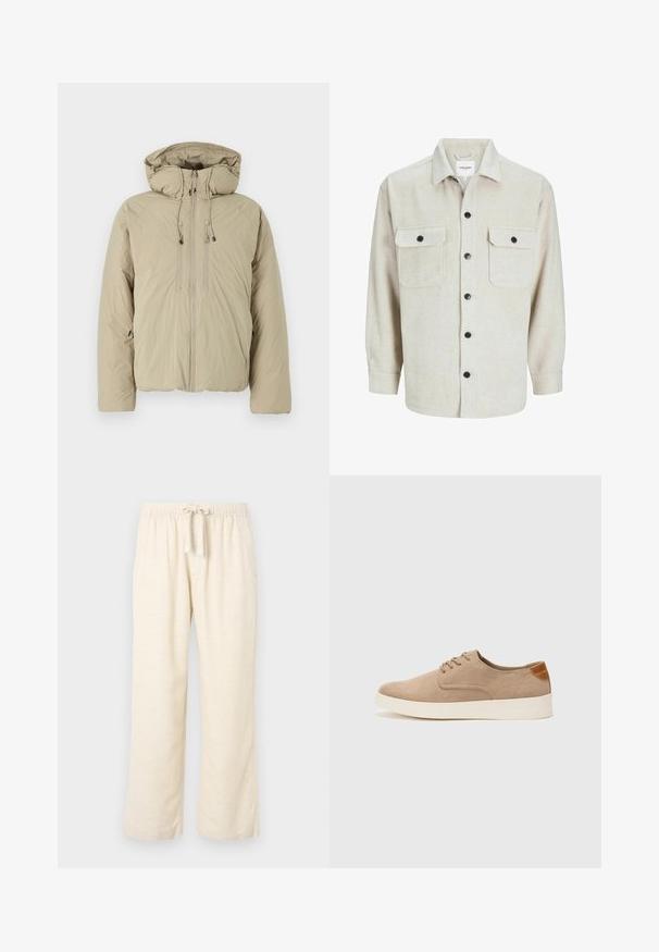 Bežna puhafna jakna s kapuco, ki ima sprednji zadrgo, elastične vrvice in stranske žepe. Izdelana iz lahke, teksturirane tkanine.; Bežna flanelasta srajca s ovratnikom, ki ima dve prsni žep, črne gumbe in dolge rokave z gumbi na manšetah.; Hlače širokega kroja iz mešanice lanu v off-white barvi, z elastiko in vrvico v pasu. Gladka tekstura in polna dolžina.; Bež tkanine usnjene superge z zaobljenim nosom, vezalkami na sprednji strani in teksturiranim zadnjim detajlom. Belo gumijasto podplato zagotavlja kontrast. Enostaven in sodoben dizajn.