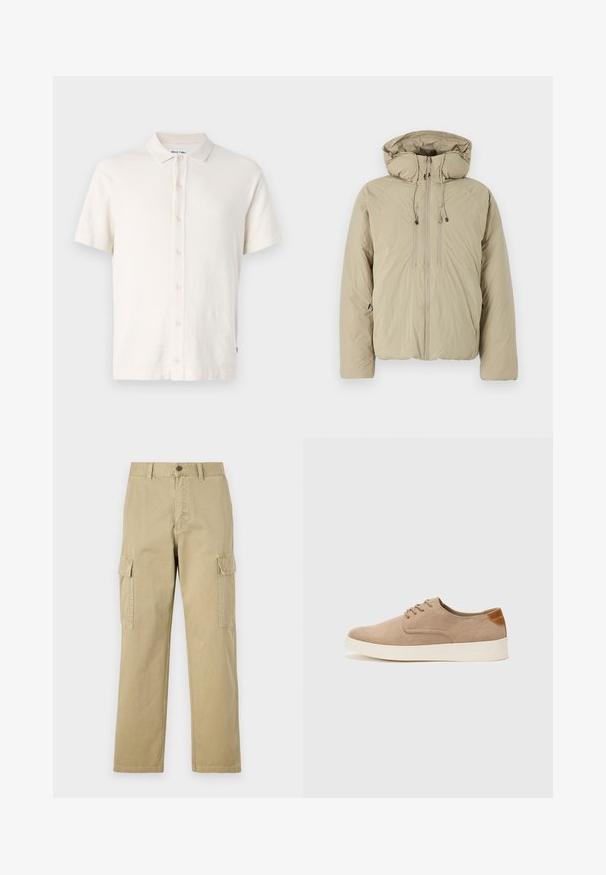 Chaqueta acolchada beige con capucha, que presenta un cierre frontal de cremallera, cordones elásticos y bolsillos laterales. Fabricada con un tejido ligero y texturizado.; Camisa polo de manga corta en color blanco roto, con un tejido texturizado, cierre de botones y diseño de cuello típico. Estilo simple y versátil.; Pantalones cargo beige de algodón, con dos bolsillos laterales, cierre de botón y perneras rectas con una tela ligeramente texturizada.; Zapatillas de ante beige con puntera redondeada, cordones en la parte delantera y un acento texturizado en la parte trasera. La suela de goma blanca proporciona contraste. Diseño sencillo y moderno.