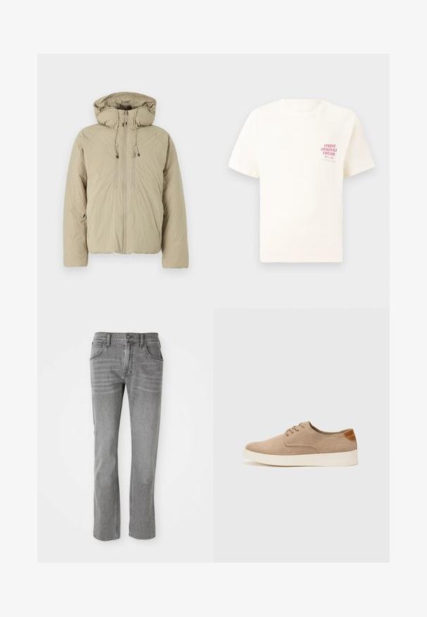 Casaco puffer bege com capuz, apresentando um fecho frontal, cordões elásticos e bolsos laterais. Confeccionado em tecido leve e texturizado.; T-shirt branca de mangas curtas com o texto vermelho "Edição Originais do Estúdio" no lado esquerdo do peito, apresentada sobre um fundo cinza neutro.; Jeans de denim cinza com um design de perna reta, cinco bolsos e desbotamento discreto. Apresenta um fecho de botão metálico e passantes para cinto.; Sapatilhas de camurça bege com bico arredondado, fecho de atacadores na parte da frente e um detalhe texturizado na parte de trás. A sola de borracha branca proporciona contraste. Design simples e moderno.