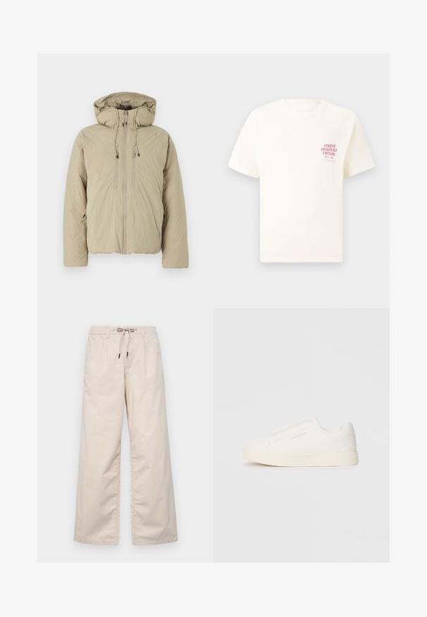 Beige donsjack met een capuchon, voorzien van een voorrits, elastische trekkoorden en zijzakken. Gemaakt van lichtgewicht, gestructureerde stof.; Witte T-shirt met korte mouwen met rode tekst "Studio Originals Edition" op de linker borst, weergegeven op een neutrale grijze achtergrond.; Lichtbeige wijd uitgesneden broek met een elastische tailleband en trekkoord. Soepele katoenen stof met twee voorplooien en geen zichtbare zakken.; Witte instap sneakers met een gestructureerd oppervlak, een dikke zool en een minimalistisch ontwerp. Bevat het merklogo aan de zijkant.