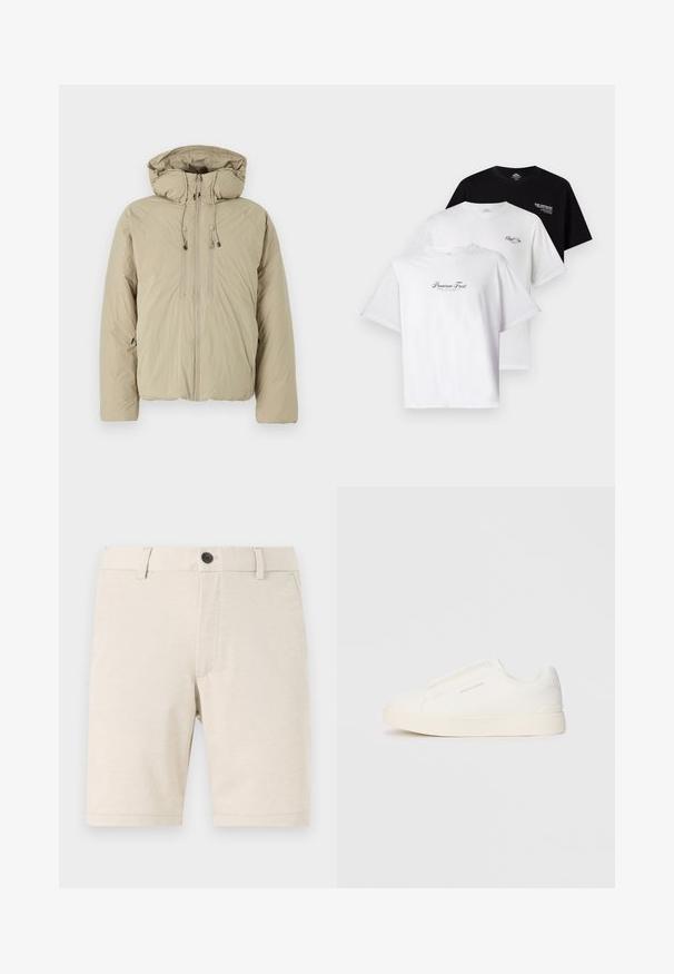 Doudoune beige avec capuche, dotée d'une fermeture éclair à l'avant, de cordons de serrage élastiques et de poches latérales. Construite en tissu léger et texturé.; Trois T-shirts dans un pack : un noir, deux blancs. À manches courtes, col rond, avec des graphiques textuels sur la poitrine dans des couleurs contrastées. En coton.; Shorts beiges en tissu léger, avec une fermeture à bouton à l'avant, des passants de ceinture et une texture lisse. L'ourlet est droit.; Baskets blanches sans lacets avec une surface texturée, une semelle épaisse et un design minimaliste. Présente le logo de la marque sur le côté.
