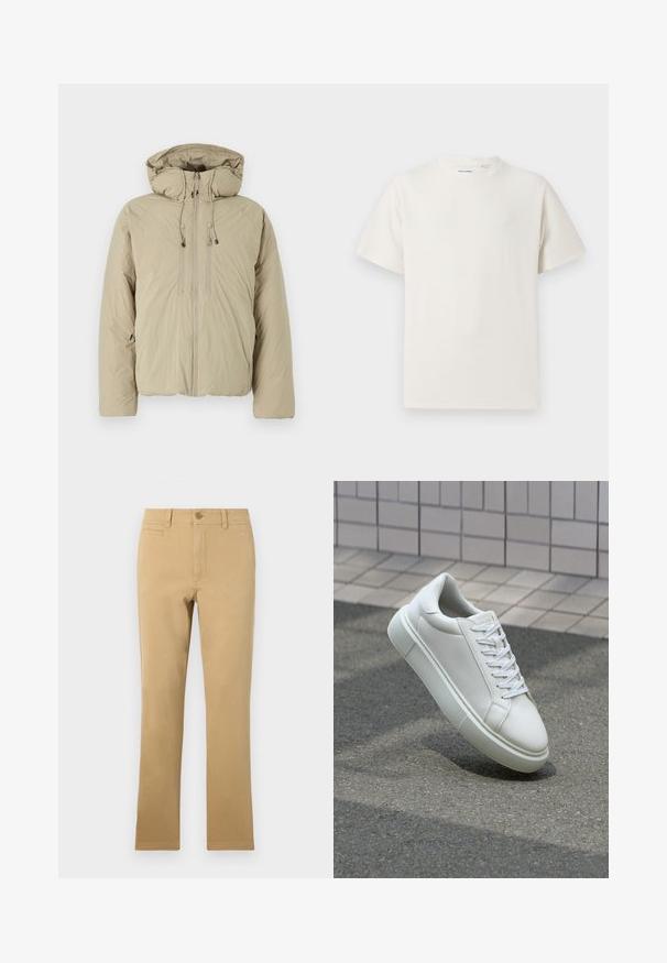 Jachetă puffer bej cu glugă, având un fermoar frontal, șnururi elastice și buzunare laterale. Construită dintr-un material ușor, texturat.; Tricou alb cu maneci scurte, dintr-un material ribbed. Guler rotund, croi lejer, fără modele sau accente vizibile. Design simplu și versatil.; Pantaloni bej cu croi drept, din bumbac, având închidere cu nasture, buzunare frontale și o textură netedă.; Sneaker alb din piele cu o suprafață netedă, vârf rotund și șireturi plate albe. Dispune de o talpă din cauciuc texturată și elemente de design minimale.