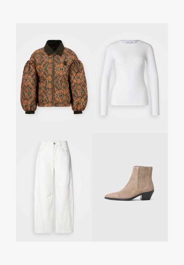 Bunda s vycpávkou s zeleným základem a složitým oranžovým květinovým vzorem. Obsahuje kordový límec, zip vpředu a stažené rukávy.; Bílá košile s dlouhým rukávem vyrobená z žebrované látky, s kulatým výstřihem a těsným střihem. Neobsahuje žádné vzory ani akcenty.; Bílé široké džíny vyrobené z denimu s viditelným švem. Mají zapínání na knoflík a mírnou texturu. Kapsy na přední straně.; Beige semišové kotníkové boty s špičatou špičkou a tvarovaným podpatkem, se svislými stehy na bocích.