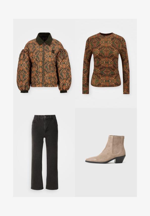 Geacă puffer cu o bază verde și un model floral complex în nuanțe de portocaliu. Are un guler din cord, închidere cu fermoar pe față și mâneci ajustate.; Top cu mâneci lungi dintr-un material verde, având un model floral și paisley în nuanțe de portocaliu și marron. Gât rotund, design slecuit.; Blugi negri cu croi larg din denim, cu închidere frontală cu nasture, bucle pentru curea și cinci buzunare, având o textură ușor decolorată.; Botine din suede bej, cu vârf ascuțit și toc modelat, având accente de cusături verticale pe laturi.