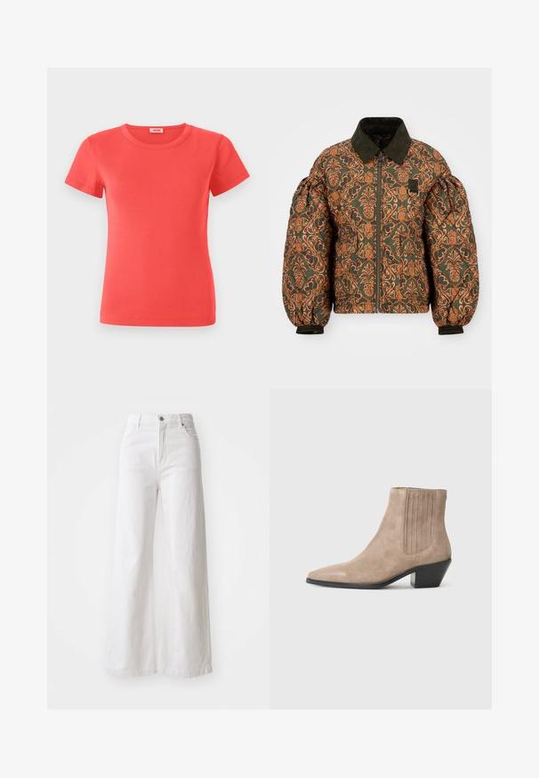 Roosa jope, millel on roheline alus ja keerukas oranž lillemuster. Omab puuvillapaela kraed, lukk ees ja kitsendatud varrukad.; Korallivärvi lühikeste varrukatega t-särk, mis on valmistatud ribakangast. Omab klassikalist ümmargust kaelust ja sobivat lõiget. Lihtne disain, ilma täiendavate mustriteta.; Valged laiad jeanid, mis on valmistatud denimist, kõrge vöökoht, esine nuppudega sulgemine ja küljetaskud. Tekstuuriga kangas koos nähtavate õmblustega.; Beez suéde säärised jalaotsaga, millel on terav varvas ja vormitud konts, külgedel vertikaalsed õmblustooted.