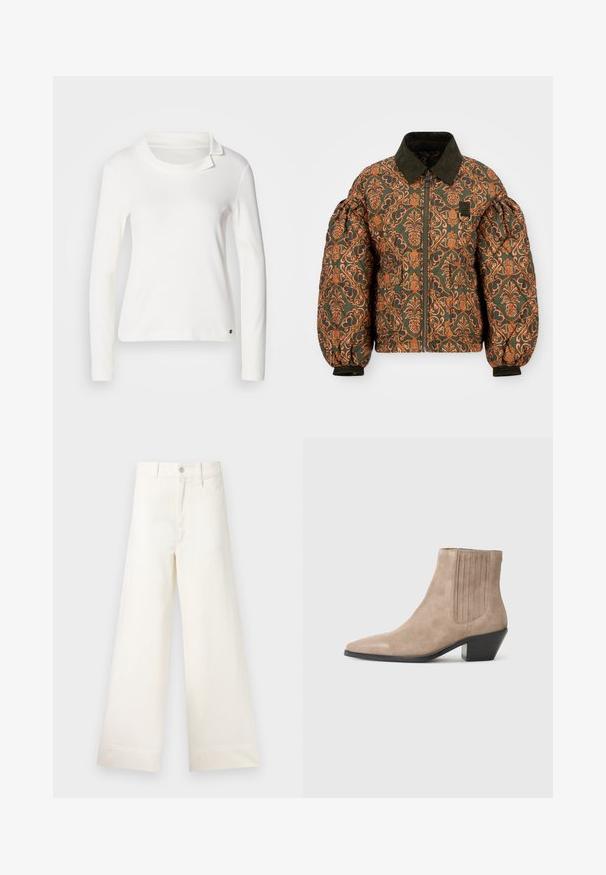 Daunenjacke mit grünem Grund und aufwändigem orangefarbenem Blumenmuster. Verfügt über einen Cordkragen, einen Reißverschluss vorne und geraffte Ärmel.; Weißes Langarmoberteil mit einem Bootsausschnitt und einem umgeschlagenen Kragen. Hergestellt aus weichem Stoff mit glatter Textur. Kleines Logo-Detail am Saum.; Weite Hosen aus hellem beigen Baumwollstoff. Mit hoher Taille, vorderen Taschen und geradem Schnitt. Saubere Saumverarbeitung ohne Muster.; Beige Wildleder Stiefelette mit spitzer Zehenform und geformtem Absatz, versehen mit vertikalen Nahtakzenten an den Seiten.