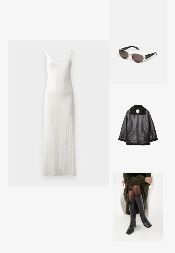 Čierna kožená bunda s textúrovaným čiernym ovčím golierom, zipsom, bočnými vreckami a voľným strihom. Mäkko podšitá vnútorná podšívka.; Pletené biele maxi šaty so zaobleným výstrihom, rebrovanou textúrou a širokými ramienkami. Obsahujú vertikálny pruhovaný vzor a rovný strih.; Čierne kožené čižmy po kolená so štvrtým prstom a blokovým opätkom, zobrazené s modelom sediacim v olivovo zelenej bunde. Hladká textúra, minimálne detaily.; Čierne a zlaté slnečné okuliare s úzkym oválnym rámom, tmavými sklami a dekoratívnym kovovým prvkom na spánkoch. Ľahký a elegantný dizajn.