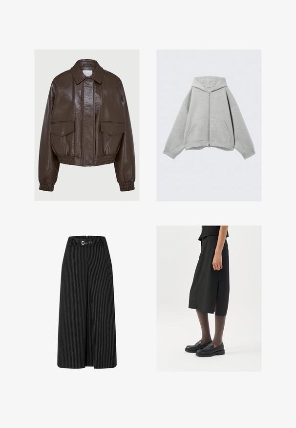 Bruine neplederen cropped jack met een kraag, elastische manchetten, twee voorzakken en decoratieve stiksels.; Grijze rits-hybride hoodie gemaakt van een zachte katoenmix, met een capuchon, kangoeroezakken en geribbelde mouwen. Ontspannen oversized pasvorm.; Twee witte katoenen t-shirts met korte mouwen, ronde halslijnen en een getailleerd silhouet, met een zachte textuur en minimalistisch ontwerp.; Zwarte wijde broek met witte streepjes, voorzien van een ritsluiting en een riem met een zilveren gesp. Glad materiaal met een gestructureerd ontwerp.; Zwarte knielange rok met zijsplit, gecombineerd met zwarte loafers en doorzichtige bruine panty's, met een mooie stof en een eenvoudig ontwerp.