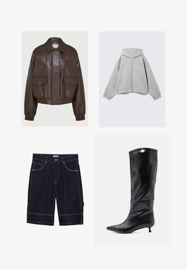 Brown faux leather cropped jacket with a collared neck, elasticated cuffs, two front pockets, and decorative stitching details.; Gray zip-up hoodie made of soft cotton blend, featuring a hood, kangaroo pockets, and ribbed cuffs. Relaxed oversized fit.; White cotton t-shirt with short sleeves and a round neckline. Features a pink label on the inner neck. Smooth texture.; Dark denim shorts with contrast stitching, five pockets, a button closure, and a straight cut design. No visible patterns or textures.; Black knee-high boot in glossy croc-embossed leather, featuring a pointed toe and a small kitten heel, with an angular silver accent on the top.