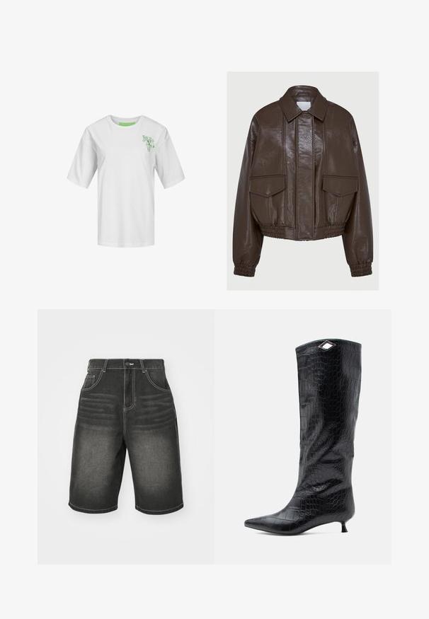 Brown faux leather cropped jacket with a collared neck, elasticated cuffs, two front pockets, and decorative stitching details.; Gray zip-up hoodie made of soft cotton blend, featuring a hood, kangaroo pockets, and ribbed cuffs. Relaxed oversized fit.; White cotton t-shirt with short sleeves and a relaxed fit. Features a green floral vase graphic on the left chest.; Black denim shorts with white stitching, featuring front pockets and a relaxed fit, designed with subtle fading near the waistband.; Black knee-high boot in glossy croc-embossed leather, featuring a pointed toe and a small kitten heel, with an angular silver accent on the top.