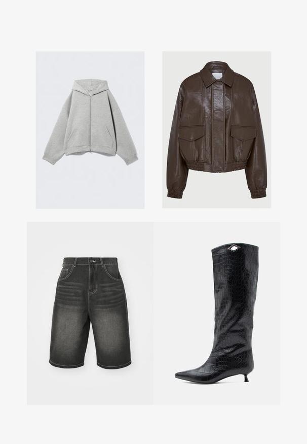 Giacca cropped in finta pelle marrone con colletto, polsini elastici, due tasche frontali e dettagli di cucitura decorativa.; Felpa grigia con zip realizzata in morbido misto cotone, dotata di cappuccio, tasche a marsupio e polsini a coste. Vestibilità ampia e rilassata.; T-shirt bianco in cotone con maniche corte e collo rotondo. Presenta un'etichetta rosa all'interno del collo. Texture liscia.; Shorts in denim nero con cuciture bianche, dotati di tasche frontali e una vestibilità rilassata, progettati con un leggero sbiadimento vicino alla vita.; Stivale nero al ginocchio in pelle lucida effetto cocco, con punta affusolata e tacco kitten di piccole dimensioni, dotato di un accento angolare in argento sulla parte superiore.