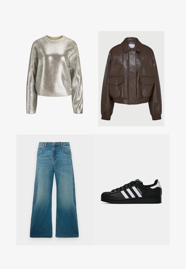 Brun kunstlær cropped jakke med kragehals, elastiske mansjetter, to frontlommer og dekorative stingdetaljer.; Metallisk sølvfarget genser med teksturert strikkedesign, rund hals og ribbestrikket mansjetter. Lett og litt oversized passform.; Høyttalende blå denim jeans med vide ben, frontlommer, knappelukking og falmet fargegradient fra liv til hem.; Svart Adidas Superstar sneakers med hvite striper, skalltå og "Superstar" tekst på siden, vist i sideprofil på hvit bakgrunn.