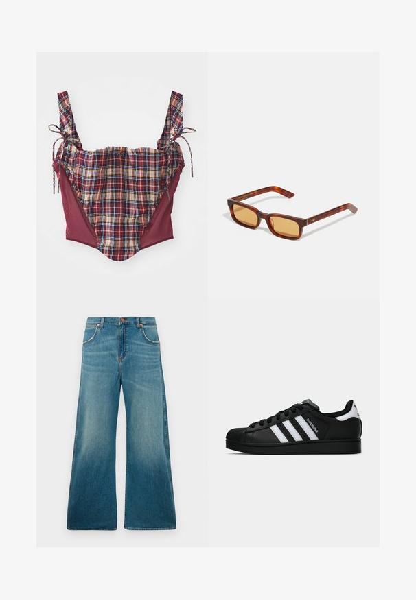 Brown faux leather cropped jacket with a collared neck, elasticated cuffs, two front pockets, and decorative stitching details.; Plaid crop top with burgundy panels, adjustable tie straps, and a checkered texture. Features a small logo at the center front.; High-waisted blue denim jeans with wide legs, front pockets, button closure, and faded color gradient from waist to hem.; Black Adidas Superstar sneaker with white stripes, shell toe, and "Superstar" text on side, shown in side profile on white background.; Tortoiseshell sunglasses with rectangular frame, tinted orange lenses, and gold logo detailing on the temples, made from a glossy plastic material.