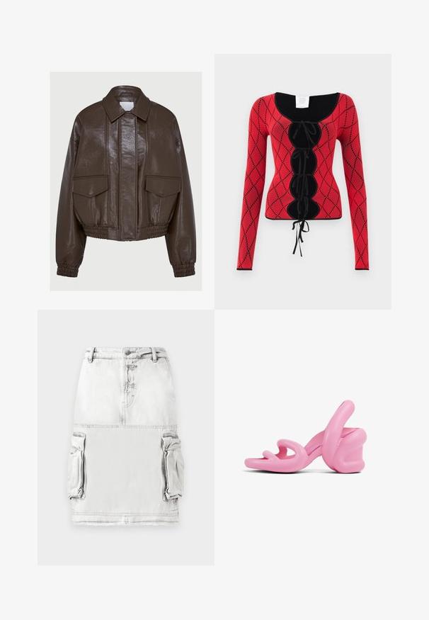 Brown faux leather cropped jacket with a collared neck, elasticated cuffs, two front pockets, and decorative stitching details.; Red knitted long-sleeve top featuring a diamond pattern, black accents, a scoop neckline, and a front lace-up detail with ties.; Denim skirt in light gray with a high waist, front buttons, and two side cargo pockets. Slightly distressed fabric texture.; Pink sculptural high-heeled sandals featuring a wavy design and a chunky heel, made of smooth plastic with cutouts in the toe area.