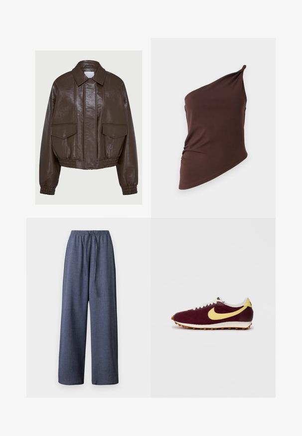 Smeđa jakna od umjetne kože, skraćena, s ovratnikom, elastičnim rukavima, dva prednja džepa i ukrasnim šavnim detaljima.; Asimetrična smeđa majica izrađena od glatkog materijala, s jednim ramenom, nabranim detaljem sa strane i prilagođenim siluetom.; Hlače širokih nogavica u mornarsko plavoj boji, s teksturiranim materijalom, elastičnim pojasom i podesivom vezicom. Nema vidljivih džepova.; Maroon tenisice s žutim swooshom, bijelim vezicama i gornjim dijelom od teksturirane tkanine. Guma potplat s uzorkom rebrastih linija. Klasičan dizajn trkačkih tenisica.