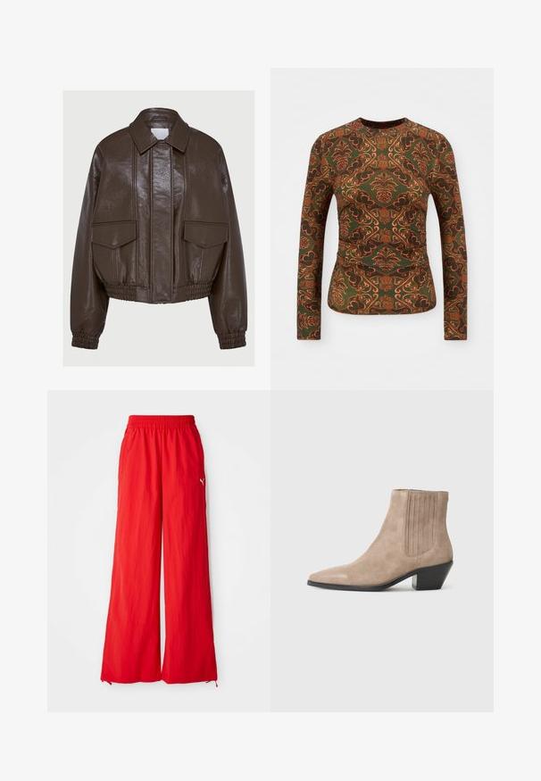 Barna műbőr cropped dzseki, galléros nyakkal, rugalmas mandzsettákkal, két elülső zsebbel és díszítő varrási részletekkel.; Zöld anyagú, hosszú ujjú felső, narancs és barna színárnyalatú virág- és paisley mintával. Kerek nyakú, testhezálló kialakítás.; Piros, bő szárú nadrág könnyű anyagból, rugalmas derékkal, oldalsó zsebekkel és egy diszkrét logóval az oldalon.; Beige velúr bokacsizma hegyes orral és formázott sarkal, oldalán függőleges varrási díszítéssel.