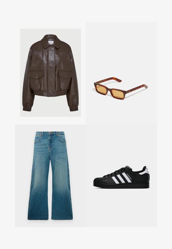 Brun konstläder kort jacka med krage, elastiska ärmslut, två fickor fram och dekorativa sömnadsdetaljer.; Brun långärmad topp med vid halsringning, tillverkad av mjukt material, med avslappnad passform och minimala sömmar för en smidig silhuett.; Hög midja blå denimjeans med vida ben, fickor fram, knäppning med knapp och en urblekt färggradient från midjan till fållen.; Svart Adidas Superstar sneaker med vita ränder, sula i skalform och "Superstar" text på sidan, visad i sidoprofil mot vit bakgrund.; Schildpaddsmönstrade solglasögon med rektangulär båge, orangea tonade linser och guldlogotypdetaljer på bågarna, tillverkade av ett glänsande plastmaterial.