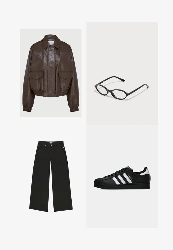 Giacca cropped in finta pelle marrone con colletto, polsini elastici, due tasche frontali e dettagli di cucitura decorativa.; Maglietta lunga marrone con maniche lunghe e scollatura ampia, realizzata in materiale morbido, con una vestibilità rilassata e cuciture minime per una silhouette liscia.; Jeans neri a gamba larga in denim, con vita alta, tasche frontali e accessori in tonalità oro contrastante. Taglio pulito e dritto.; Sneaker nera Adidas Superstar con strisce bianche, punta a conchiglia e testo "Superstar" su un lato, mostrata in profilo laterale su sfondo bianco.; Occhiali con montatura ovale nera e accenti viola traslucidi sulle lenti. La montatura ha una finitura opaca e delle astine sottili e diritte.