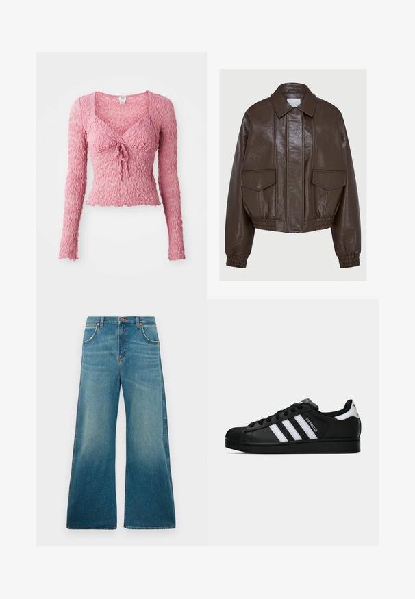 Bruine neplederen cropped jack met een kraag, elastische manchetten, twee voorzakken en decoratieve stiksels.; Roze, textuurvolle top met lange mouwen en een V-hals, voorzien van een voorkant met strikdetails en een geplooid ontwerp. Lichtgewicht en aansluitend.; Hoge taille blauwe denim jeans met wijde pijpen, voorzakken, knoopsluiting en een vervaagde kleurverloop van taille tot zoom.; Zwarte Adidas Superstar sneaker met witte strepen, schelpneus en 'Superstar' tekst aan de zijkant, afgebeeld in zijaanzicht op een witte achtergrond.