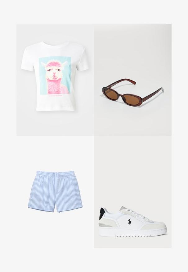 Jachetă scurtă din piele ecologică maro, cu guler, mansete elastice, două buzunare frontale și detalii decorative de cusătură.; Un tricou alb cu un grafic care prezintă fața unei lama roz și albă, împreună cu textul "Această lama nu vrea drama ta" dedesubt.; Boxeri striped de culoare albastru deschis, din bumbac moale. Au talie elastică, închidere cu buton și o croială lejeră. Logo subtil pe laterale.; Tenisii albi cu partea superioară din suede și piele, accent pe călcâi de culoare neagră, șireturi plate, logo pe lateral și talpă texturată.; Ochelari de soare rotunzi, cu nuanțe de brown și cu un cadru lucios de burgund. Brațe subțiri cu detalii subtile de branding. Design cu lentile plate.