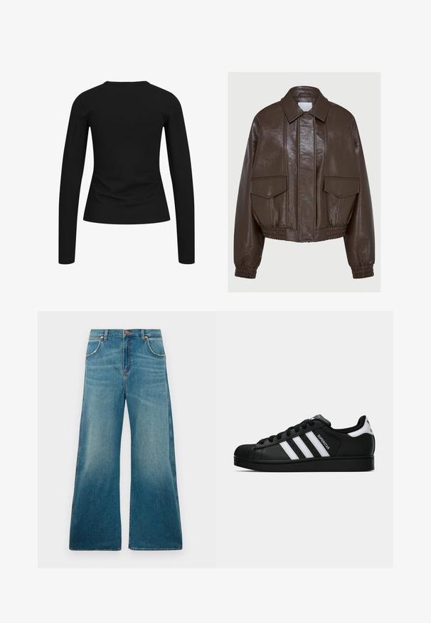 Pruun kunstnahast lühike jakk, millel on krae, elastsed mansetid, kaks eesmist taskut ja dekoratiivsed õmbluse detailid.; Must mustriga T-särk ümmarguse kaelusega ja kitsaste lõigetega. Sile tekstuur ja minimaalne detailitöö, sobib kihitamiseks.; Kõrge vöökohaga sinised teksad laiade jalgadega, ees olevate taskutega, nööbilukuga ja vööst hemmini kulunud värvigraadiga.; Mustad musta värvi Adidas Superstar toss, millel on valged triibud, koonuseline varvas ja küljes "Superstar" tekst, esitatud külgvaates valgel taustal.