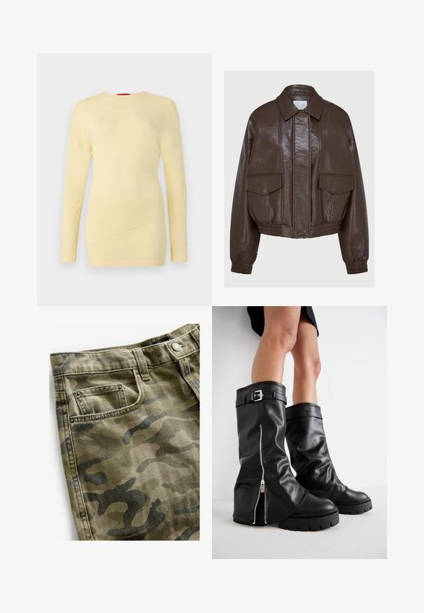 Brun konstläder kort jacka med krage, elastiska ärmslut, två fickor fram och dekorativa sömnadsdetaljer.; Långärmad gul topp i ett mjukt material, med rundad hals och diagonala sömdetaljer fram. Slät textur över hela plagget.; Next Jeansshorts - camo print; Svart läderknäbottar med breda skaft, med sidodragkedja och spänne, texturerad yta och kraftig gummisul.