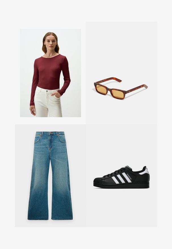 Bruine neplederen cropped jack met een kraag, elastische manchetten, twee voorzakken en decoratieve stiksels.; Langsleeve burgundy geribbelde top met ronde hals, gedragen met witte high-waisted broek. De top heeft een strakke pasvorm en een gladde textuur.; Hoge taille blauwe denim jeans met wijde pijpen, voorzakken, knoopsluiting en een vervaagde kleurverloop van taille tot zoom.; Zwarte Adidas Superstar sneaker met witte strepen, schelpneus en 'Superstar' tekst aan de zijkant, afgebeeld in zijaanzicht op een witte achtergrond.; Schildpad zonnebril met rechthoekig montuur, getinte oranje glazen en gouden logo-details op de pootjes, gemaakt van een glanzend plastic materiaal.