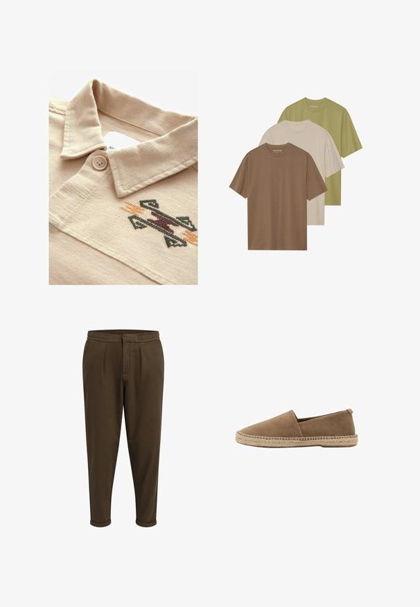 Polo beige avec un tissu texturé, une fermeture à boutons et un motif géométrique brodé multicolore près du col.; Trois t-shirts à col ras du cou en marron, beige et vert olive. Fabriqués en tissu doux avec des manches courtes et une coupe décontractée. Étiquette de marque visible.; Redefined Rebel JOHNNY CROPPED SLIM FIT - Pantalon classique - tarmac; Chaussure slip-on en suède marron avec un bout pointu, dotée d'une semelle en jute tissé et d'un petit talon arrière pour le soutien. Texture lisse et design minimaliste.