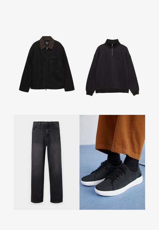 Jachetă neagră cu fermoar, guler maro, două buzunare mari în față, închidere cu fermoar și un buzunar mic pe piept cu clapetă.; Pulover negru din fleece, cu guler înalt, cu dungi, închidere cu fermoar la jumătate și umeri lăsați. Are croială lejeră și tiv și manșete cu dungi.; Jeans negri din denim, cu croială dreaptă, cu fermoar, cinci buzunare și detalii subtile de decolorare pe material.; Adidași negri din suede cu talpă din cauciuc albă, cu un design cu șireturi, accente texturate și branding subtil, asortați cu pantaloni maro.