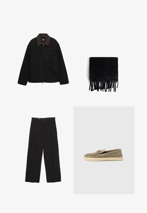 Crna jakna na zip s smešnim ovratnikom, dva velika prednja džepa, zatvaranje na zip i mali džep na grudima s preklopom.; Crna košulja kratkih rukava s dugmadi, izrađena od glatkog materijala, s preklopom na ovratniku i ležernim krojem. Ima pet dugmadi sprijeda i bez uzoraka.; Crne široke hlače od glatkog materijala, s ravnim pojasom, prednjim nabranim detaljima i zatvaranjem na jedan gumb.; Zeleni suede espadrile bez pete sa tkanim jute potplatom, sa zaobljenim prstima i smeškom smeškom od smeđe čipke na gornjem delu.; Crna šal s resicama izrađen je od mekog, vune sličnog materijala. Ima duge, nejednake resice duž donjeg ruba. Pravokutnog je oblika.