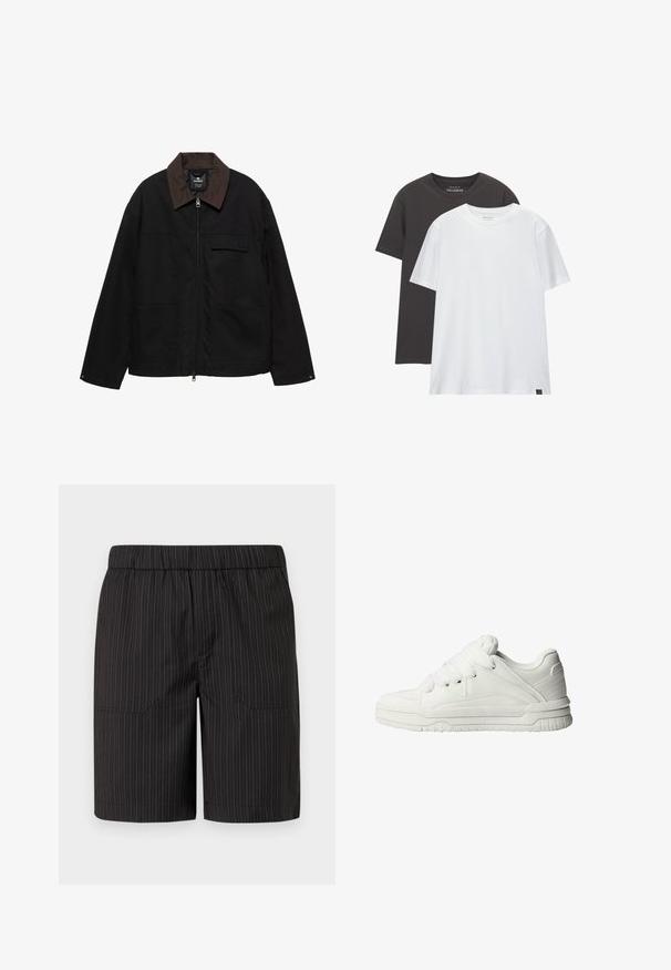 Giacca nera con zip e colletto marrone, due ampie tasche frontali, chiusura a zip e una piccola tasca sul petto con pattina.; Due t-shirt di taglio regolare: una nera e una bianca, realizzate in morbido cotone. Ognuna presenta un collo a girocollo e maniche corte senza motivi.; Pantaloni corti neri con sottili righe verticali bianche, con vita elastica e due tasche laterali, realizzati in tessuto leggero e texture.; Sneaker bianche con un esterno in pelle liscia, linguetta imbottita, lacci piatti e accenti testurizzati sui lati e sul tallone.