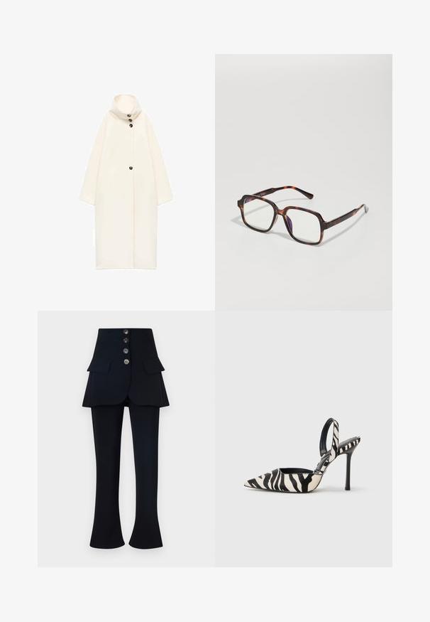 Long, oversized cream coat with a high collar, front button closure, and short sleeves. Made from soft, textured fabric. Simple design.; White crewneck long-sleeve sweater with ribbed cuffs and hem, featuring a soft, slightly fuzzy texture.; Black pants with a layered skirt overlay, featuring four buttons and two front pockets. The fabric is smooth, with a fitted silhouette and flared legs.; Pointed-toe slingback heel in black and cream zebra print, featuring a slim high heel and open back design with a black interior.; Tortoiseshell sunglasses with square frames, clear lenses, and slender temples featuring a subtle logo detail. Matte and glossy finish.; Anna Field LEATHER - Gloves - black