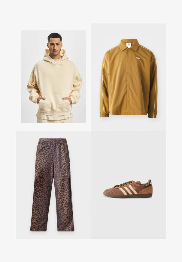 Braune Polyesterjacke mit klassischem Kragen, Druckknöpfen, elastischen Bündchen, weißen seitlichen Streifen und einem gestickten Logo auf der Brust.; Beige Übergröße Hoodie aus weichem Stoff, mit einer großen Fronttasche und einer Kapuze mit Kordelzug. Der untere Saum enthält ein Markenschild.; Leopardmuster-Hosen mit einem elastischen Bund. Hergestellt aus einem glänzenden Stoff, mit einem braunen Grundton und schwarzen Flecken sowie einem lockeren Schnitt.; adidas Originals SAMBA UNISEX - Sneaker low - preloved brown/sand strata/dark brown