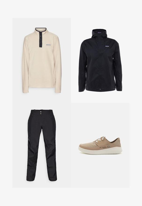 Fekete vízhatlan dzseki, elülső cipzárral, állítható kapucnival és logóval a bal felső részen. Könnyű anyag, sima textúrával.; Columbia STEENS MOUNTAIN™ HALF SNAP - Polárpulóver - ancient fossil/black; Fekete, vízálló nadrág sima textúrával, két elülső gombbal és tapered lábformával. Oldalt logóval díszítve.; Beige vászon tornacipő világosbarna bőr részletekkel, fehér fűzőkkel és oldalsó perforációkkal, párnázott talppal.