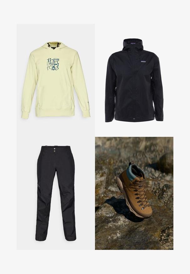 Fekete vízhatlan dzseki, elülső cipzárral, állítható kapucnival és logóval a bal felső részen. Könnyű anyag, sima textúrával.; Világos sárga kapucnis pulcsi elülső zsebbel, kék grafikai logóval. Puha anyagból készült, állítható kapucnival és bordázott mandzsettákkal.; Fekete, vízálló nadrág sima textúrával, két elülső gombbal és tapered lábformával. Oldalt logóval díszítve.; Barna túracipő szintetikus felsőrésszel, világoskék szegéllyel, fém fűzőlyukakkal és textúrált gumitalppal. Kifejezetten szabadtéri tevékenységekhez készült.