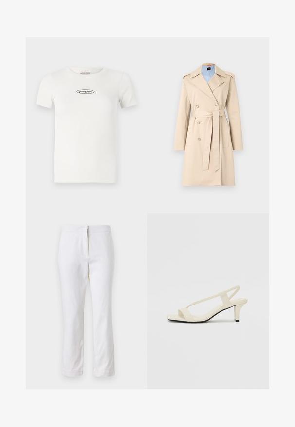BOSS Trenchcoat - open beige; White ribbed t-shirt with short sleeves, round neckline, and black embroidered "guess jeans" logo centered on the front.; White cotton pants with a straight leg design, featuring a mid-rise waist and no visible hardware or patterns. Smooth texture throughout.; Beige block-heeled sandals with thin straps and a square toe. Smooth material with minimal detailing, designed for easy wear.