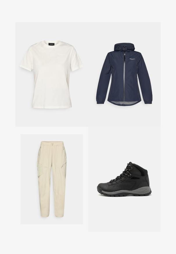 Chaqueta impermeable de color azul marino con cremallera frontal, capucha ajustable, puños elásticos y dobladillo curvado. Presenta el logo en el lado izquierdo del pecho.; Camiseta de algodón blanca con mangas cortas, escote redondo y un sutil detalle de logo en la parte delantera. Textura suave y corte relajado.; Pantalones cargo beige claros con cintura elástica, bolsillos con cremallera y detalles en panel. Fabricados en una tela suave y ligera.; Bota de senderismo negra con un diseño de medio caña, que cuenta con una parte superior texturizada, acentos grises y una suela de goma duradera con tacos de tracción.
