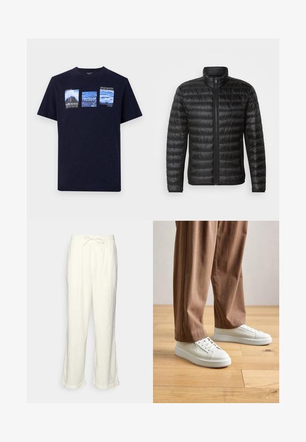 Chaqueta acolchada negra con cierre delantero, cuello alto y patrón acolchado horizontal. Cuenta con bolsillos laterales y una textura suave y brillante.; Camiseta azul marino de tejido texturizado, con cuatro imágenes impresas con temas paisajísticos y texto en blanco, cuello redondo y mangas cortas.; Pantalones de lino en color blanco roto con cintura elástica regulable, perneras ligeramente anchas y puños doblados para un ajuste relajado. Sin bolsillos.; Persona con zapatillas bajas de textura blanca y pantalones marrones holgados, de pie sobre un suelo de madera clara.