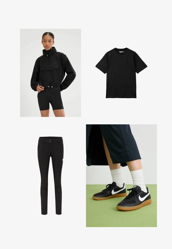 Czarny pulower z wysokim kołnierzem i przednią kieszenią, z regulowanymi sznurkami w talii. Materiał wydaje się lekki i gładki.; Czarna bawełniana koszulka z krótkim rękawem, okrągłym dekoltem i subtelnym detalem logo na piersi. Gładka tekstura, klasyczny krój.; Czarne legginsy o dopasowanym kroju, wyposażone w dwie boczne kieszenie z suwakiem oraz naszywkę z logo na udzie. Gładki materiał z szwami.; Czarne skórzane i syntetyczne sneakersy z białym logo Nike, gumową podeszwą, okrągłym noskiem i czarnymi sznurowadłami. Widziane są ribbowane białe skarpetki.