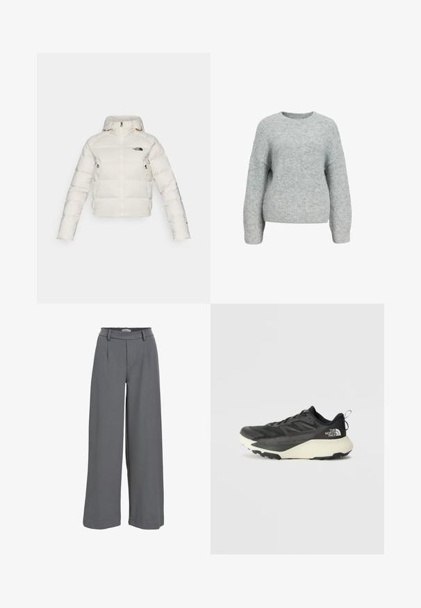 Weißer Daunenjacke mit Kapuze, ausgestattet mit einem Reißverschluss vorne und seitlichen Taschen. Der Stoff hat eine glatte Oberfläche mit genähtem Muster.; Grauer Strickpullover mit rundem Ausschnitt, überschnittenen Schultern und langen Ärmeln. Weiche Textur mit lässiger Passform und geripptem Saumdetail.; Helle graue weit geschnittene Hose aus einem weichen Stoff, mit einem smockierten Taillenbund, vorderen Falten und einer glatten, angenehmen Textur.; Schwarzer Sportschuh mit strukturiertem Obermaterial, ausgestattet mit grauen Akzenten und einer weißen Zwischensohle. Enthält eine Zuglasche und ein markantes Markenlogo an der Ferse.